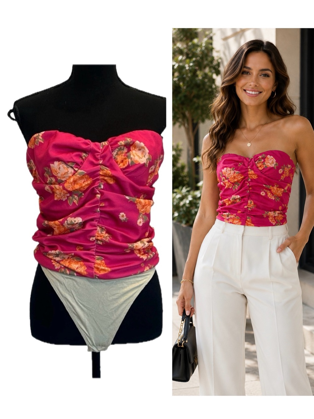 Wayf floral flower ruched strapless.sweetheart neckline bodysuit Sz M NWT